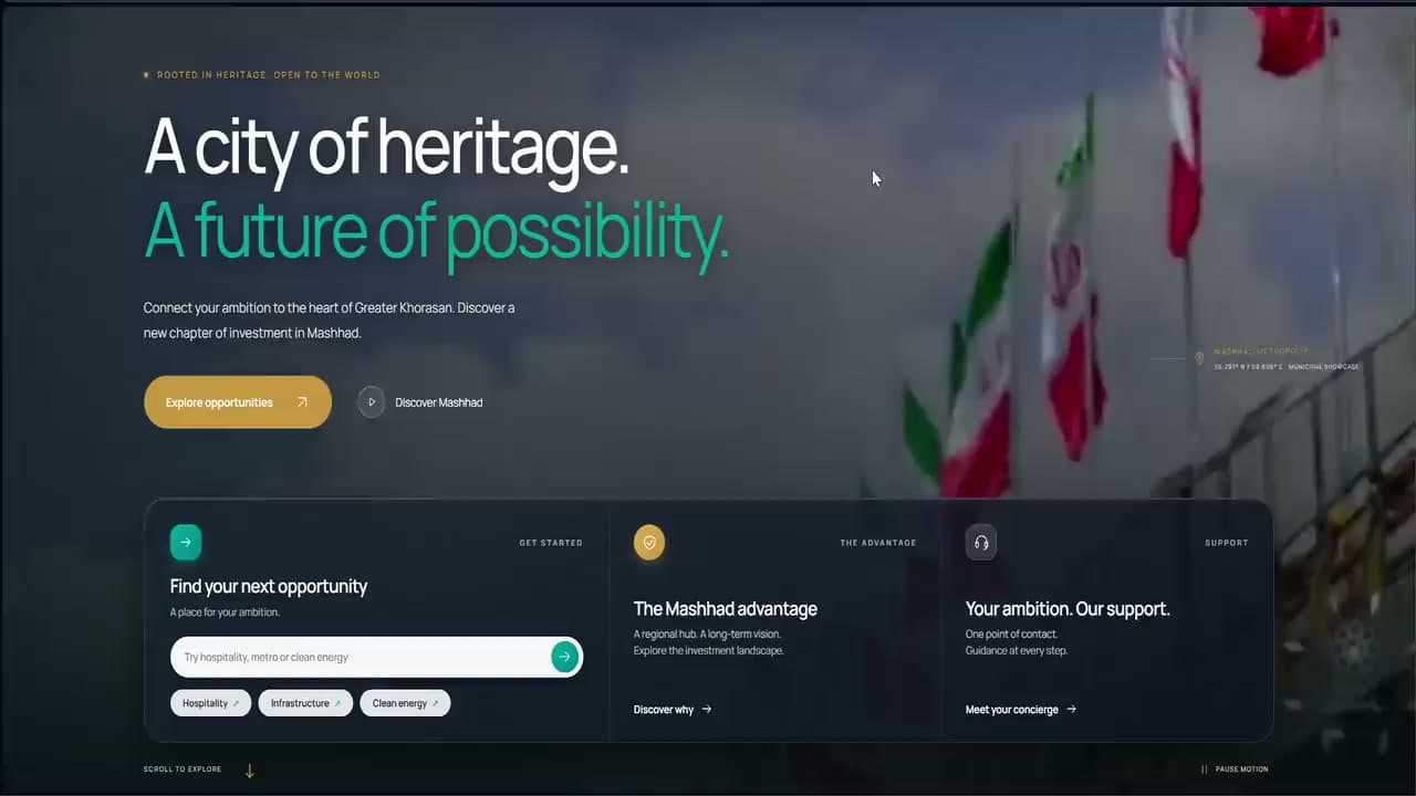 طراحی صفحه اصلی پروژه سرمایه‌گذاری در مشهد (Invest in Mashhad) برای Invest in Mashhad