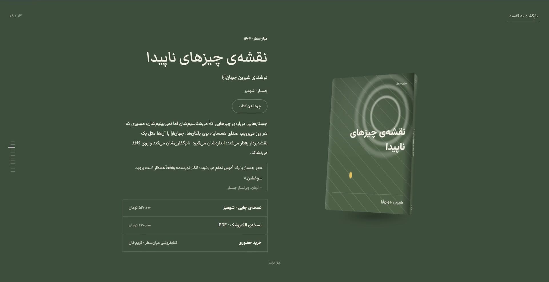 شناسنامه‌ی کتاب روی زمینه‌ی سبز در پروژه نشر میان‌سطر (Mian-Satr Publishing) — Book spec sheet on the sage theme