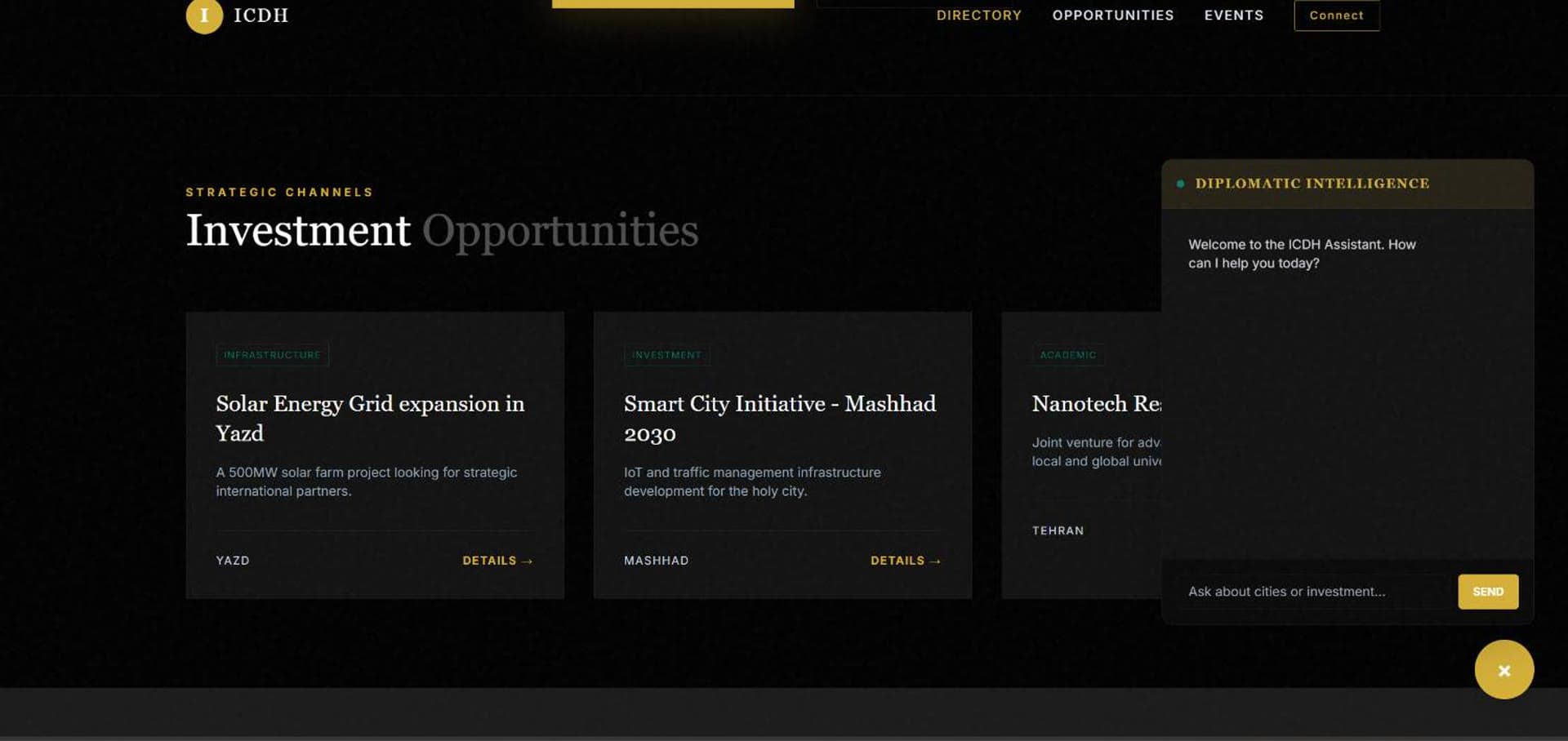 فرصت‌های سرمایه‌گذاری در پروژه دیپلماسی شهری (Urban Diplomacy / ICDH) — Investment Opportunities