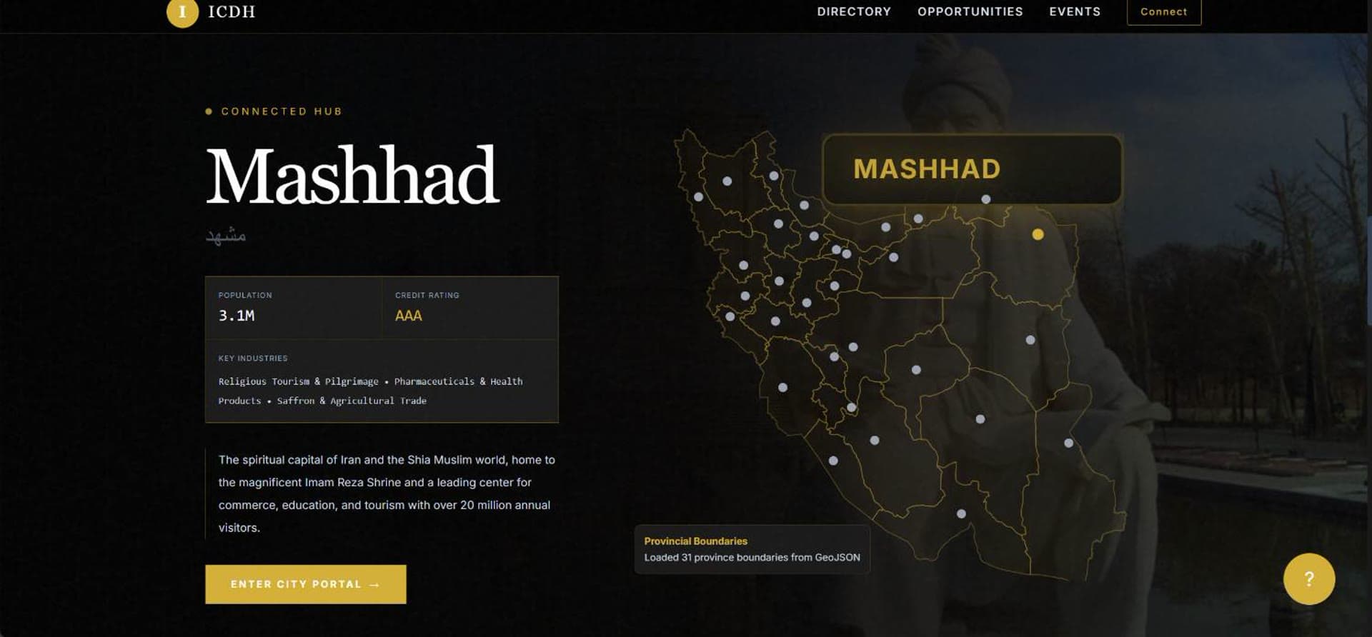 صفحه‌ی شهر مشهد در پروژه دیپلماسی شهری (Urban Diplomacy / ICDH) — Mashhad city page